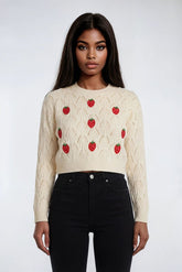 Embroidered Strawberry Cropped Pointelle Sweater | Forever 21 Womens