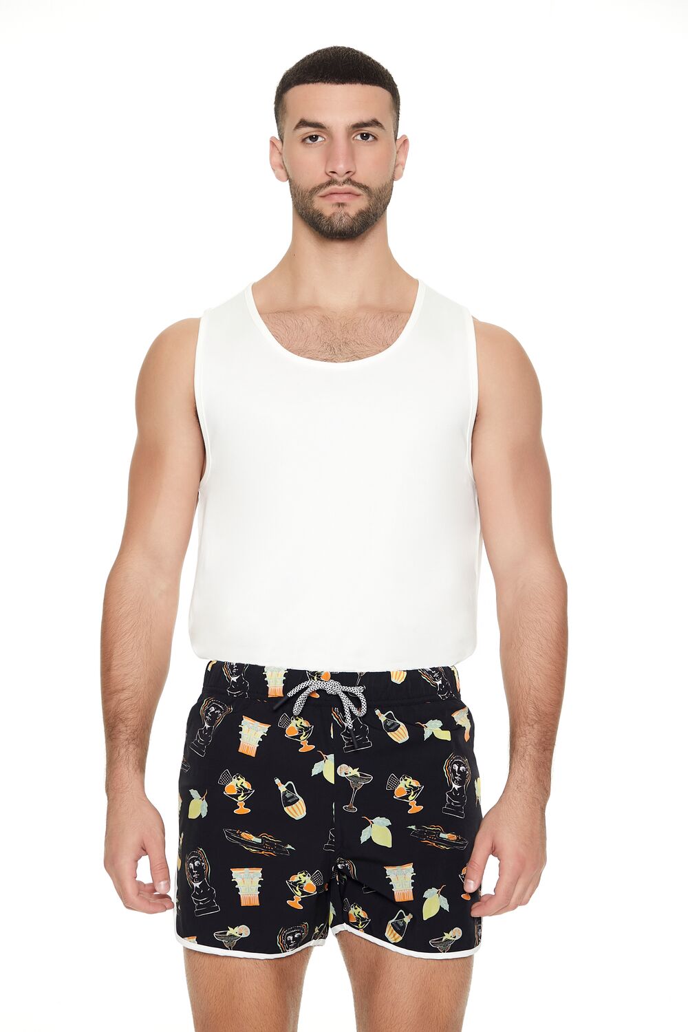 Short Inseam Drink Print Swim Trunks | Forever 21 Mens
