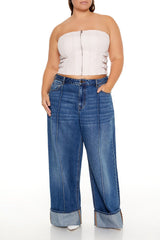 Plus Size Denim Zip-Up Tube Top - Forever 21
