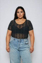 Plus Size Geometric Pattern Mesh Bodysuit - Forever 21