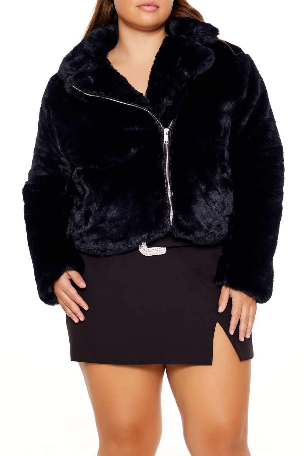 Plus Size Notched Faux Fur Coat - Forever 21