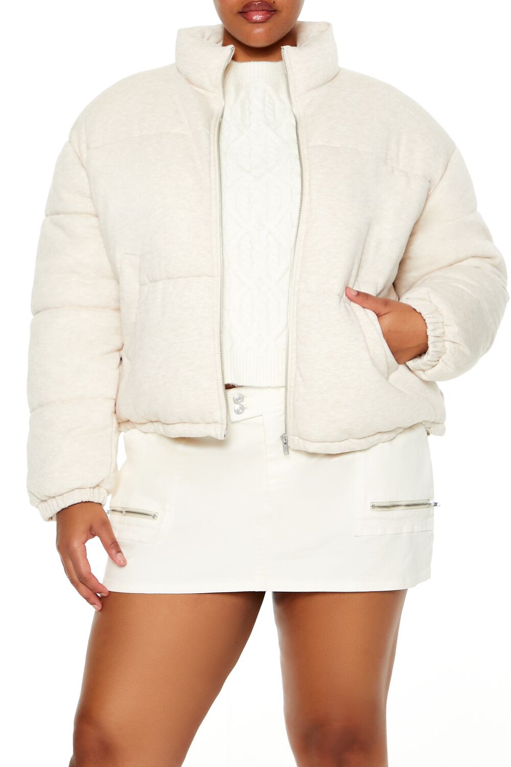Plus Size Quilted French Terry Puffer Jacket - Forever 21