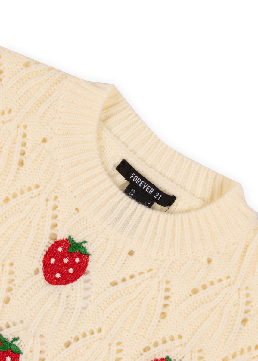 Embroidered Strawberry Cropped Pointelle Sweater | Forever 21 Womens