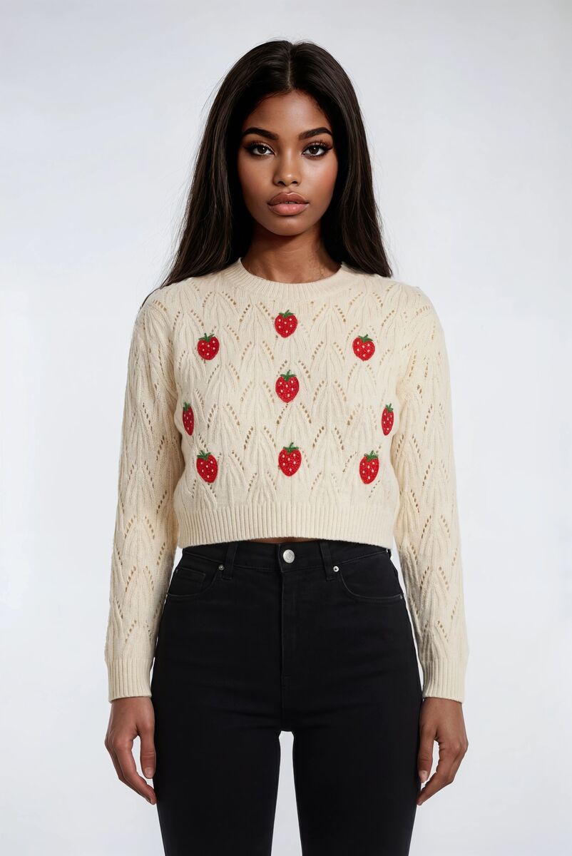 Embroidered Strawberry Cropped Pointelle Sweater | Forever 21 Womens