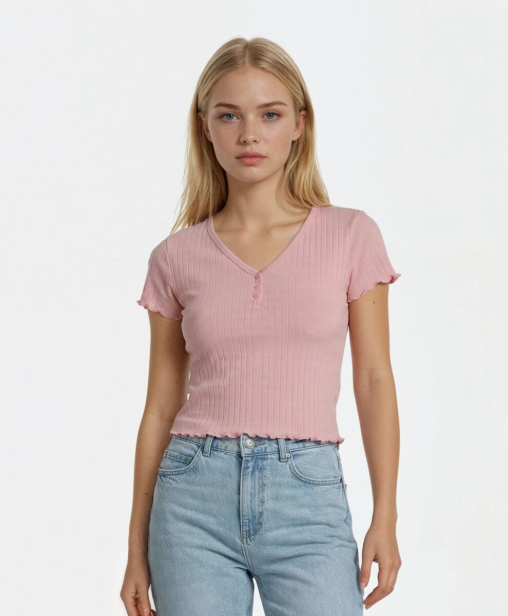 Ribbed Lettuce-Edge Henley Tee | Forever 21 Womens