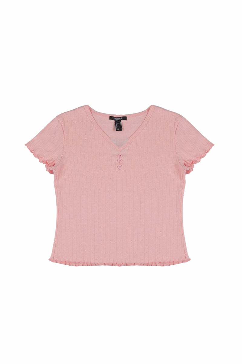 Ribbed Lettuce-Edge Henley Tee | Forever 21 Womens