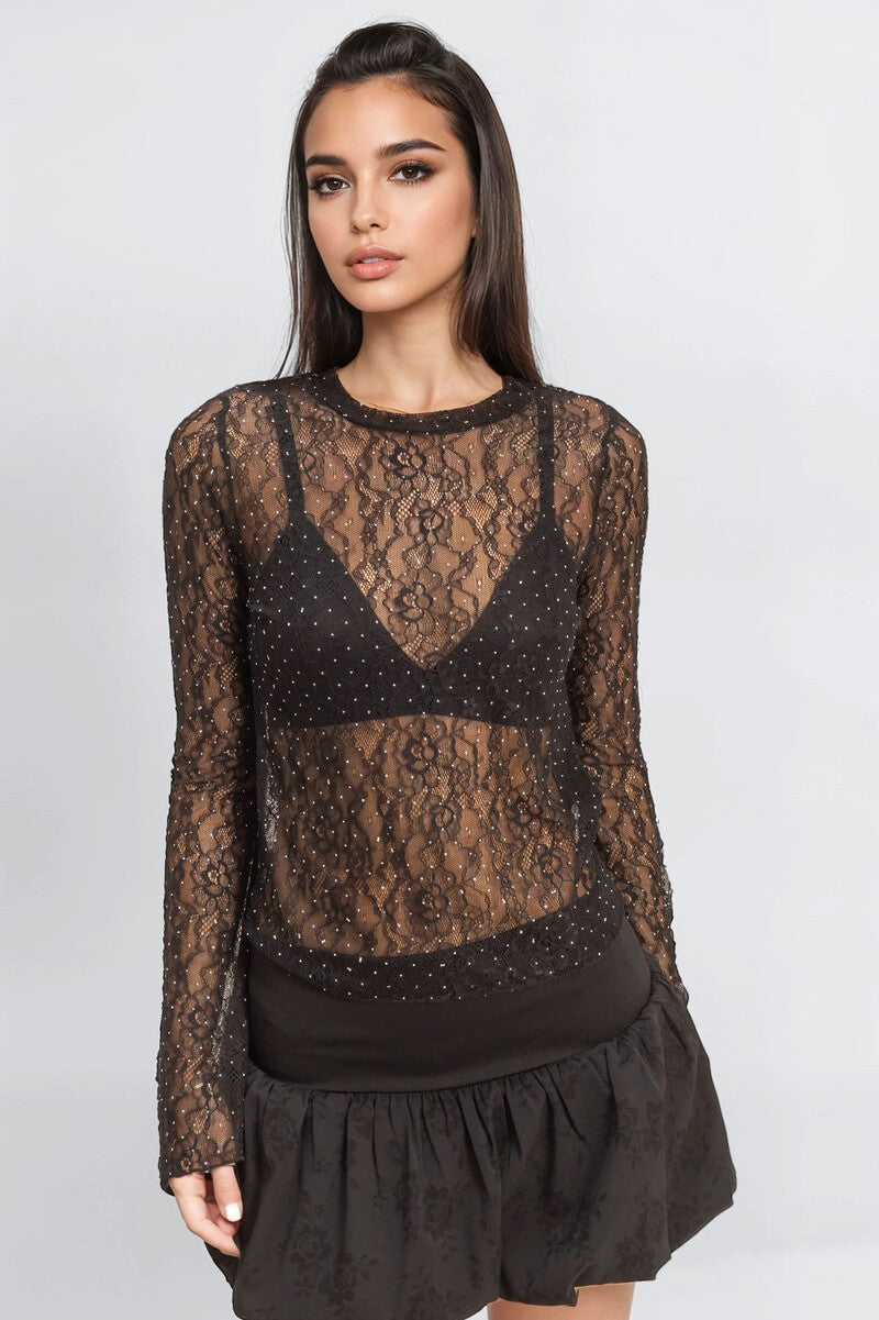 Studded Sheer Lace Long-Sleeve Top | Forever 21 Womens