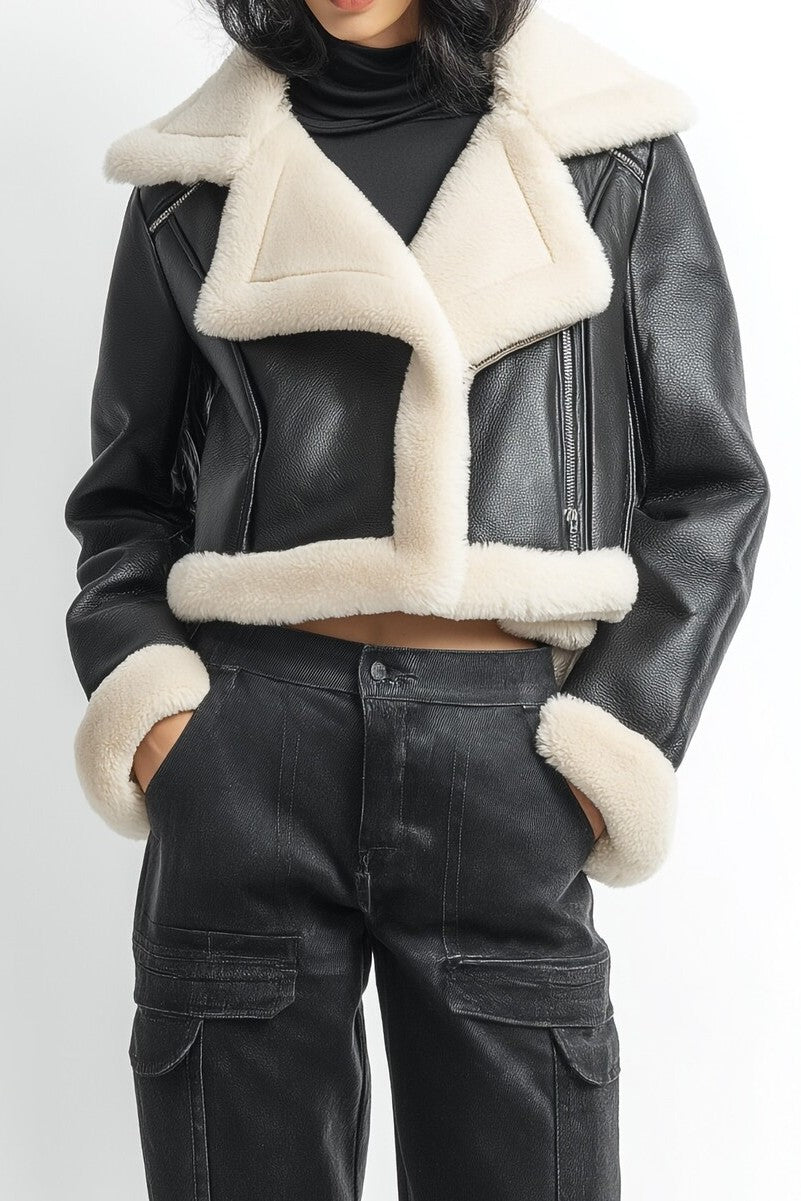 Cropped Faux Leather & Shearling Moto Jacket | Forever 21 Womens