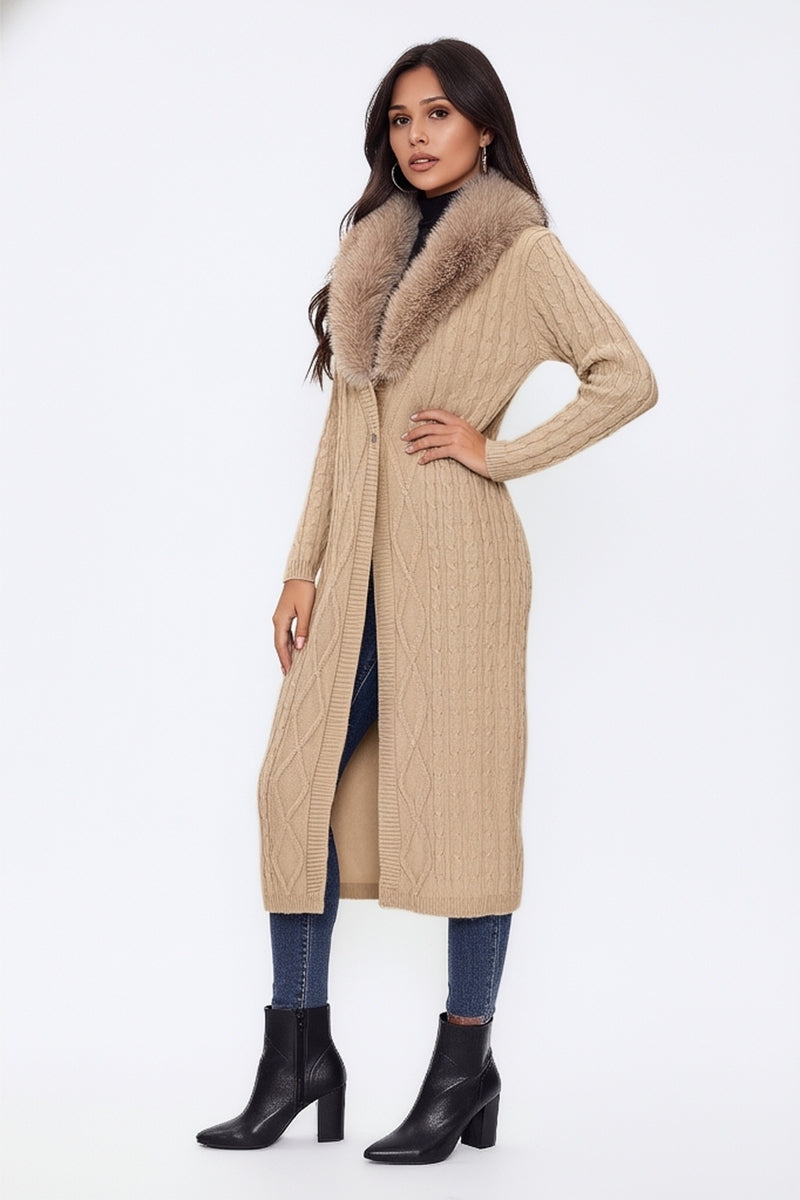 Faux Fur-Collar Cable Knit Longline Cardigan | Forever 21 Womens