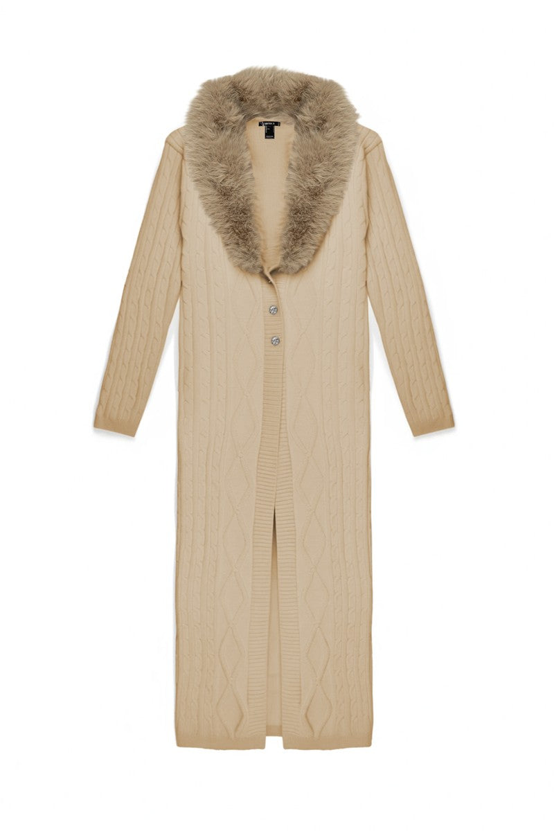 Faux Fur-Collar Cable Knit Longline Cardigan | Forever 21 Womens