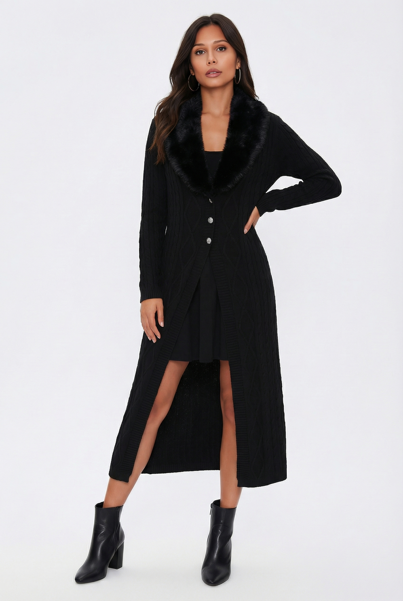 Faux Fur-Collar Cable Knit Longline Cardigan | Forever 21 Womens