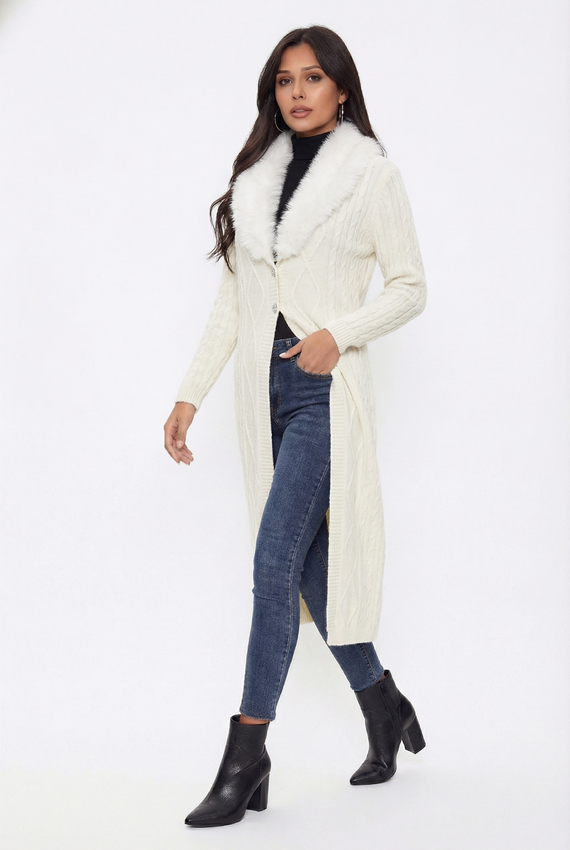 Faux Fur-Collar Cable Knit Longline Cardigan | Forever 21 Womens