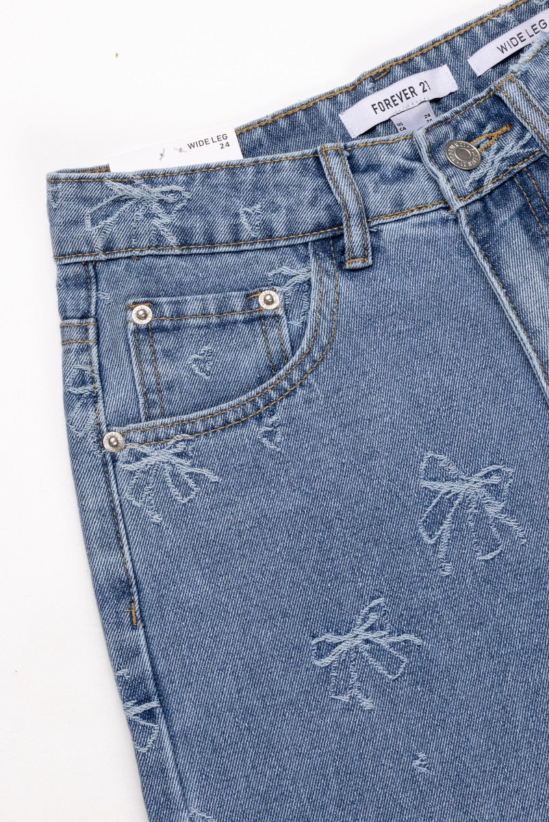 Embroidered Bow Print Wide-Leg Jeans | Forever 21 Womens