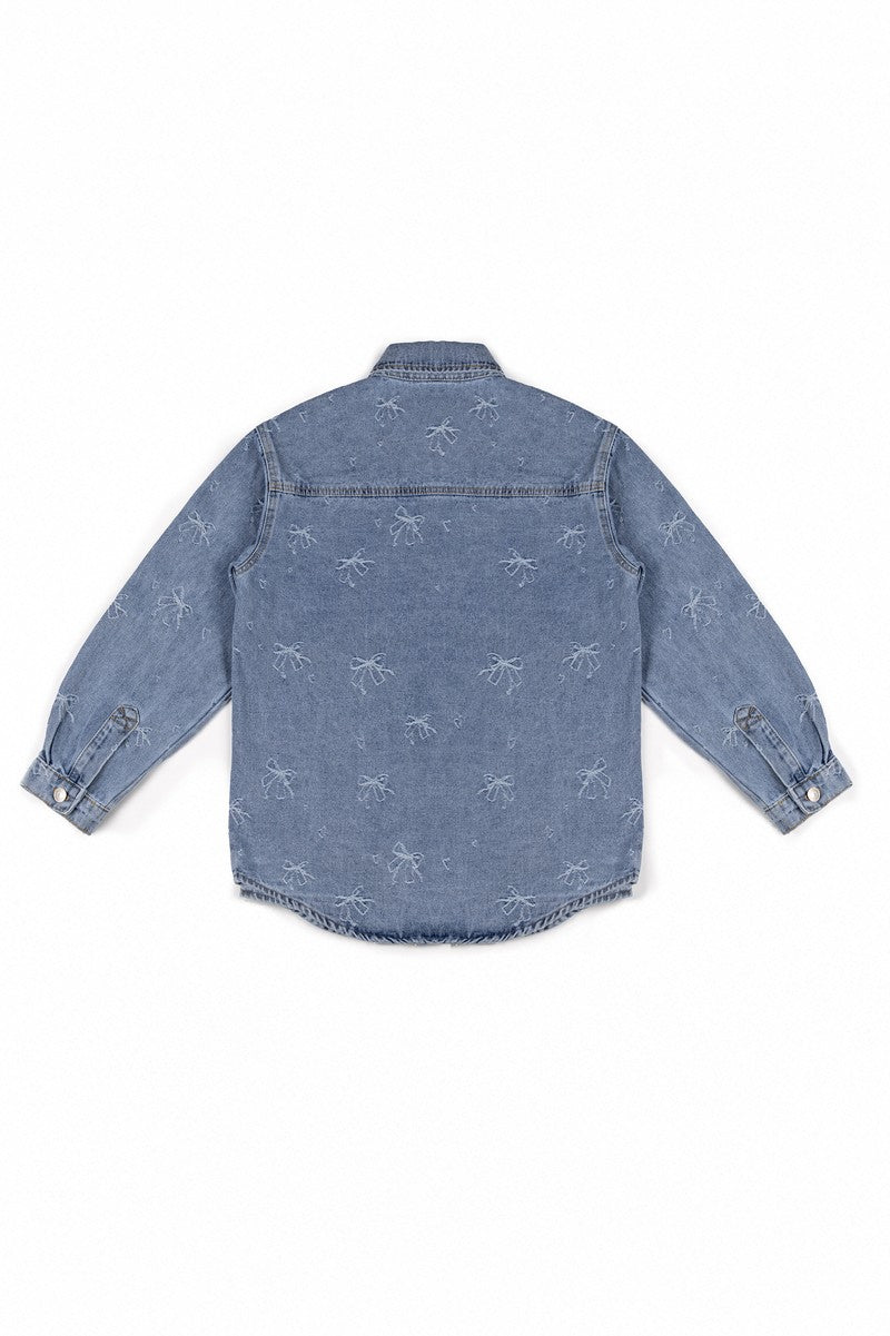 Embroidered Bow Print Oversized Denim Shirt | Forever 21 Womens