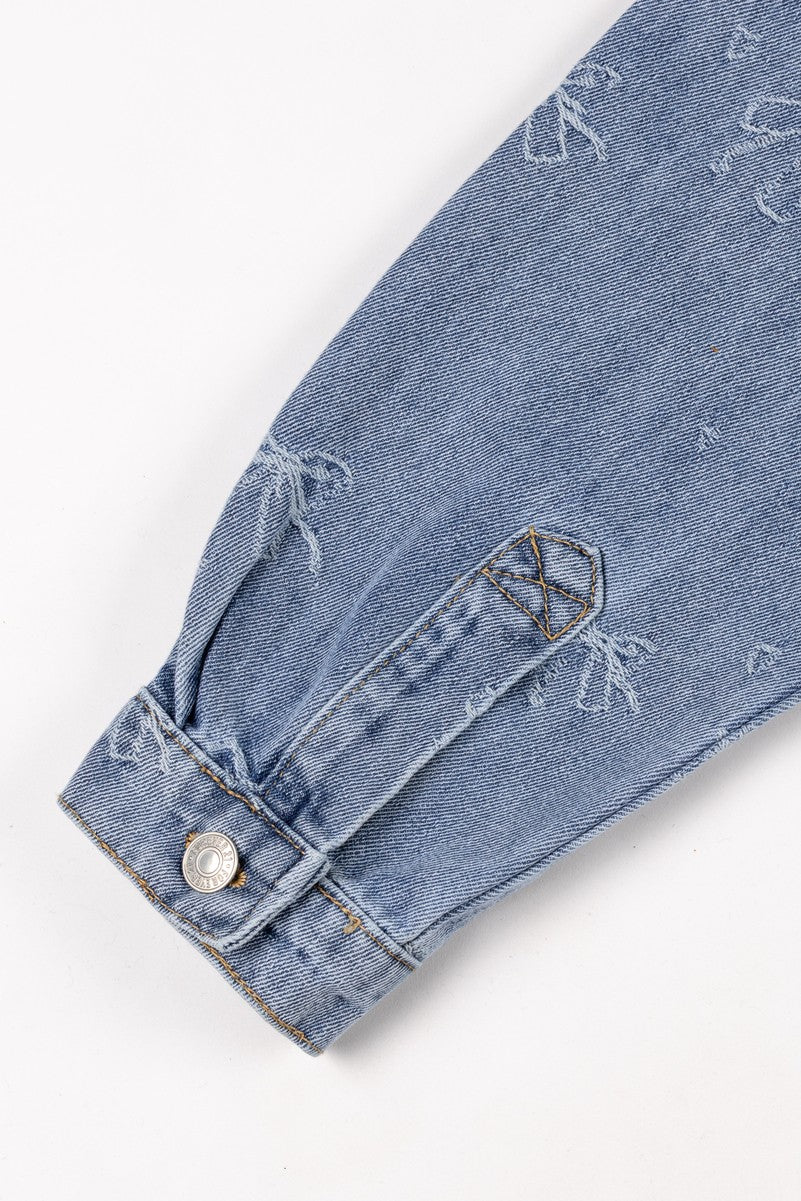 Embroidered Bow Print Oversized Denim Shirt | Forever 21 Womens