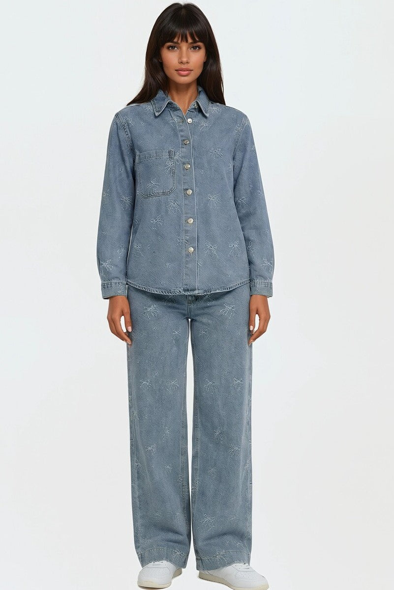 Embroidered Bow Print Oversized Denim Shirt | Forever 21 Womens