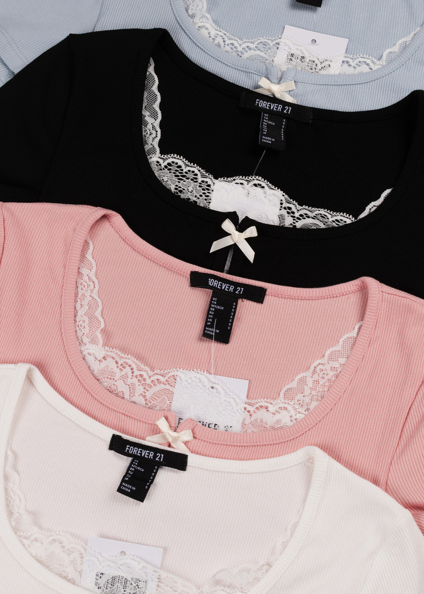 Ribbed Lace-Trim Bow Top | Forever 21 Womens