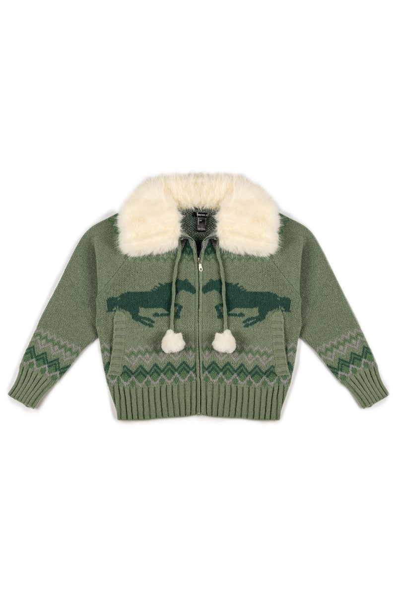 Horse Print Pom-Pom Zip-Up Sweater | Forever 21 Womens