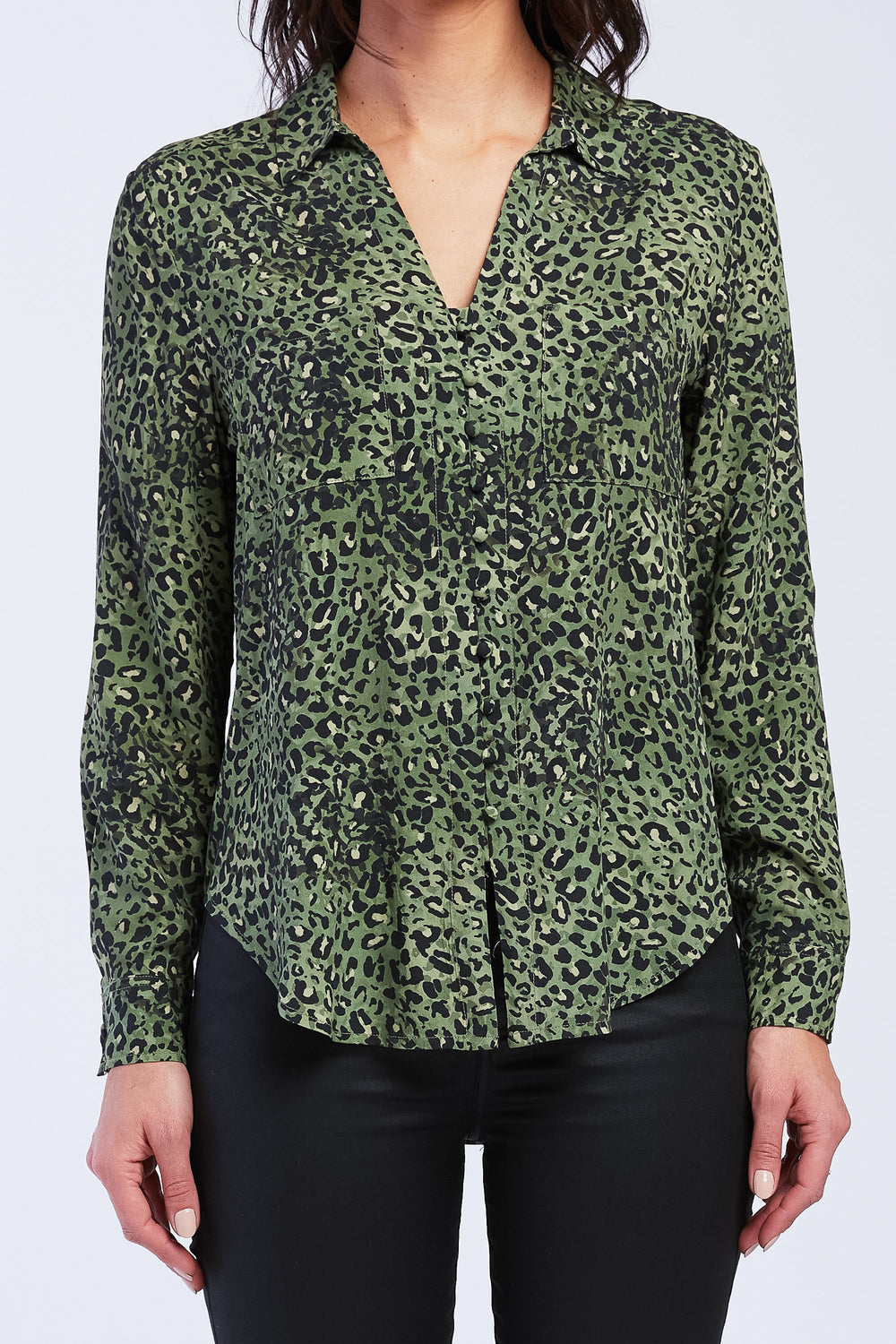 Eleni Long Sleeve Loop Button Down Closure Chest Patch Pockets Rounded | Forever 21 Womens