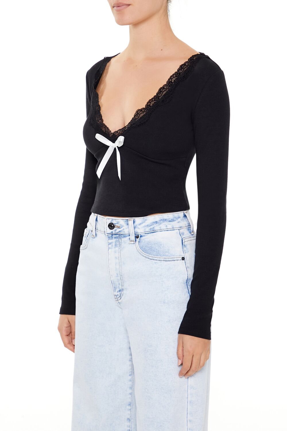 Lace-Trim Plunging Bow Crop Top | Forever 21 Womens
