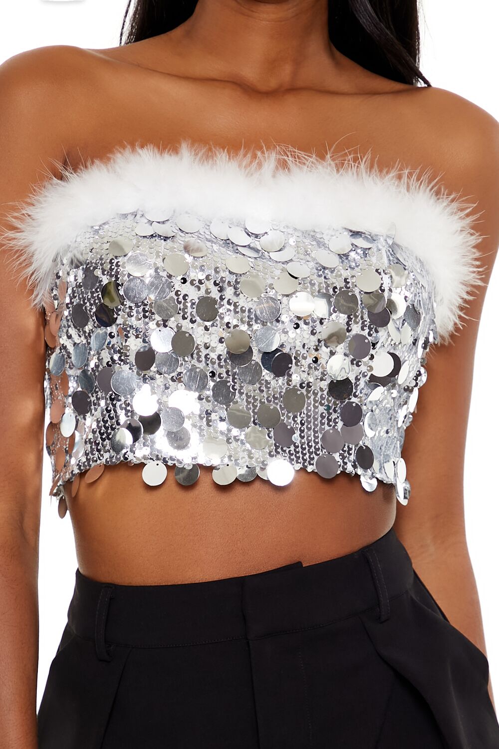 Sequin Faux Feather-Trim Tube Top | Forever 21 Womens