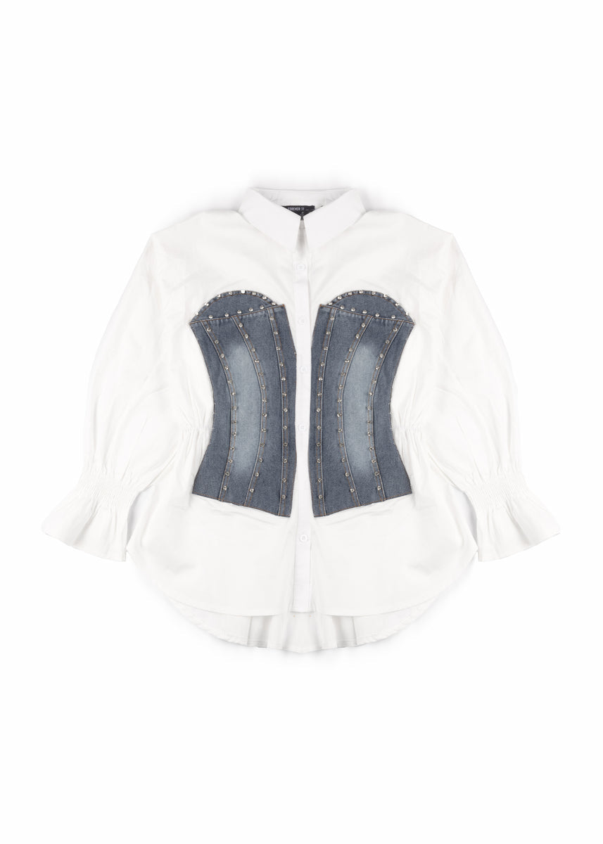 Poplin Faux Denim Corset Shirt | Forever 21 Womens