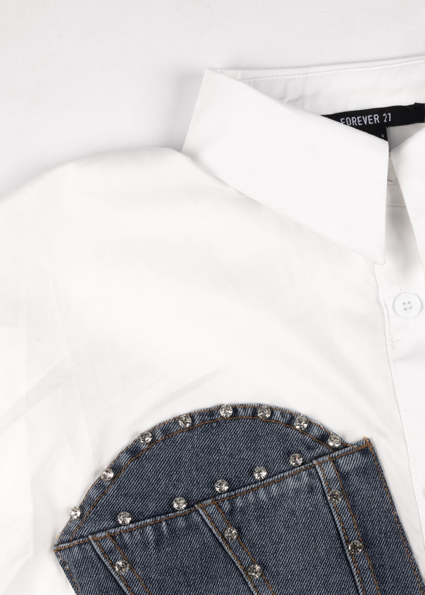 Poplin Faux Denim Corset Shirt | Forever 21 Womens