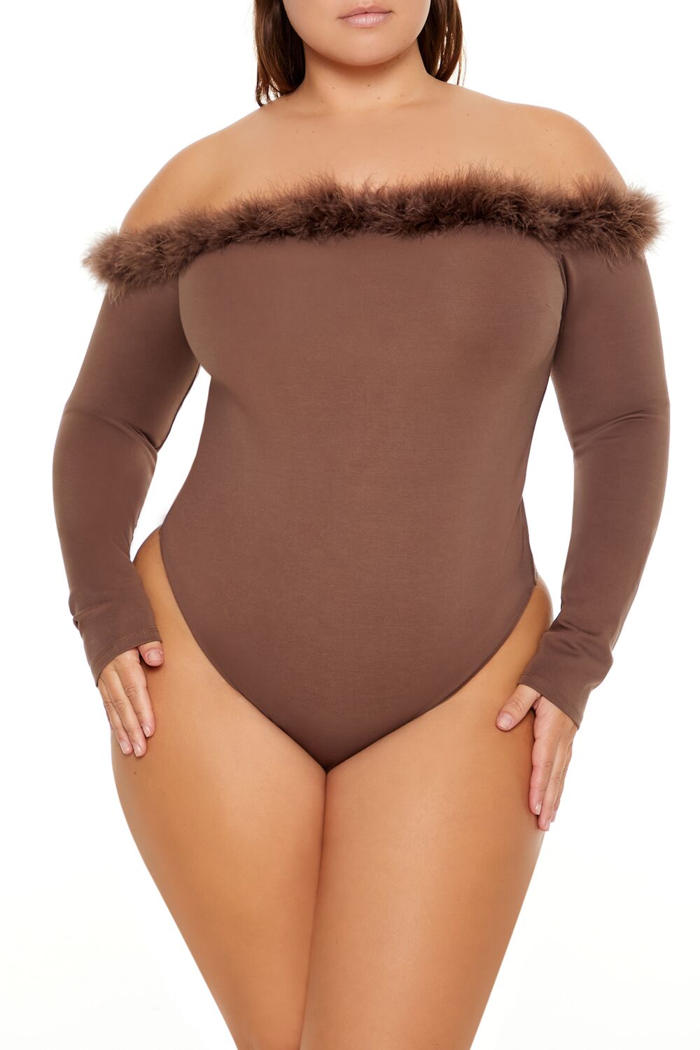 Plus Size Faux Fur-Trim Bodysuit - Forever 21