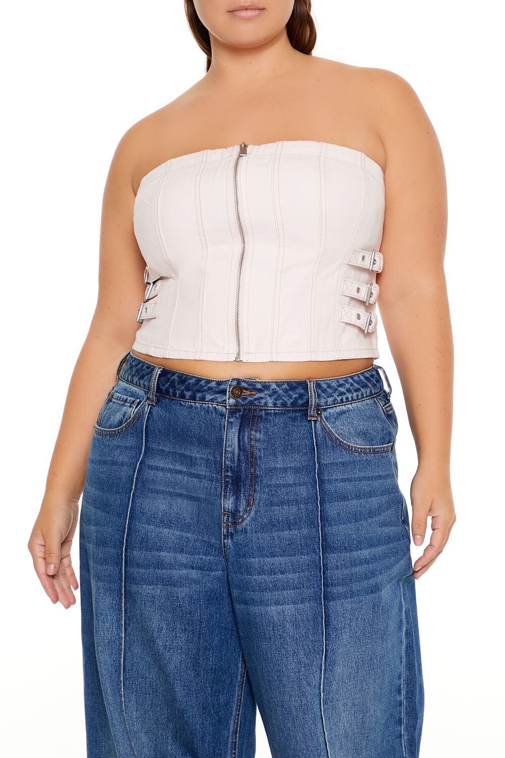 Plus Size Denim Zip-Up Tube Top - Forever 21