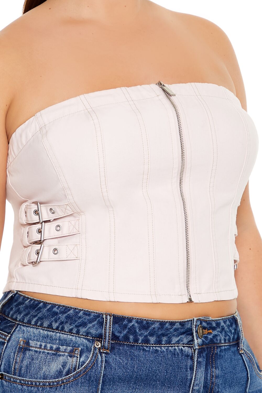 Plus Size Denim Zip-Up Tube Top - Forever 21