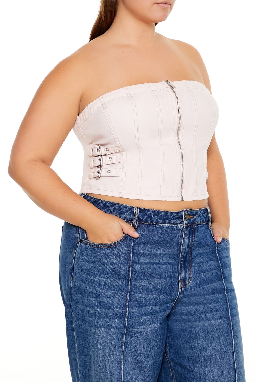 Plus Size Denim Zip-Up Tube Top - Forever 21