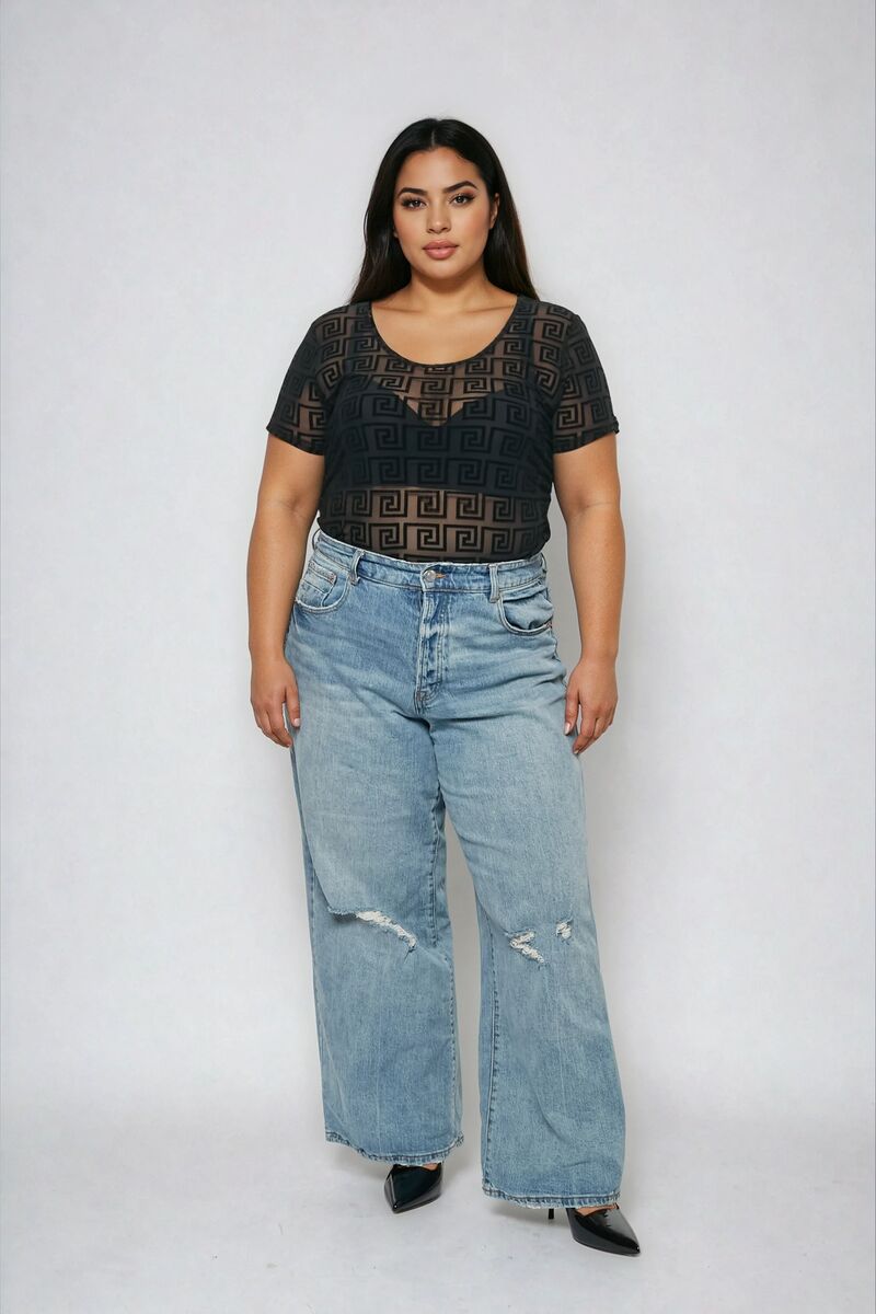 Plus Size Geometric Pattern Mesh Bodysuit - Forever 21