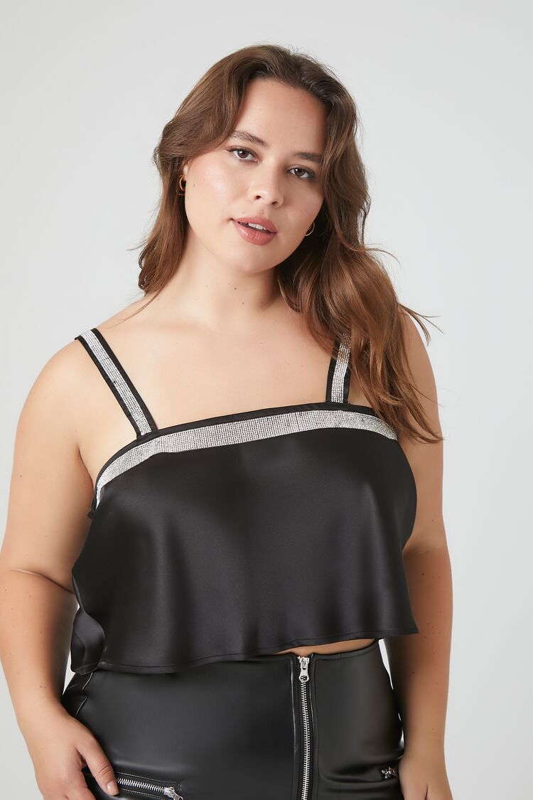 Plus Size Satin Rhinestone-Trim Crop Top - Forever 21