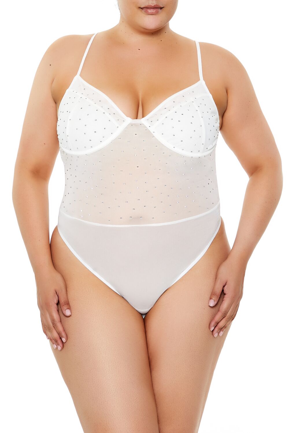 Plus Size Rhinestone Mesh Bodysuit - Forever 21