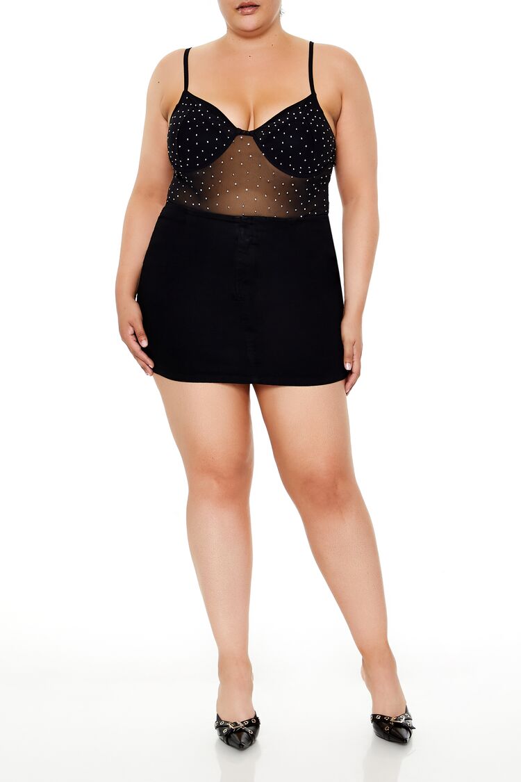 Plus Size Rhinestone Mesh Bodysuit - Forever 21