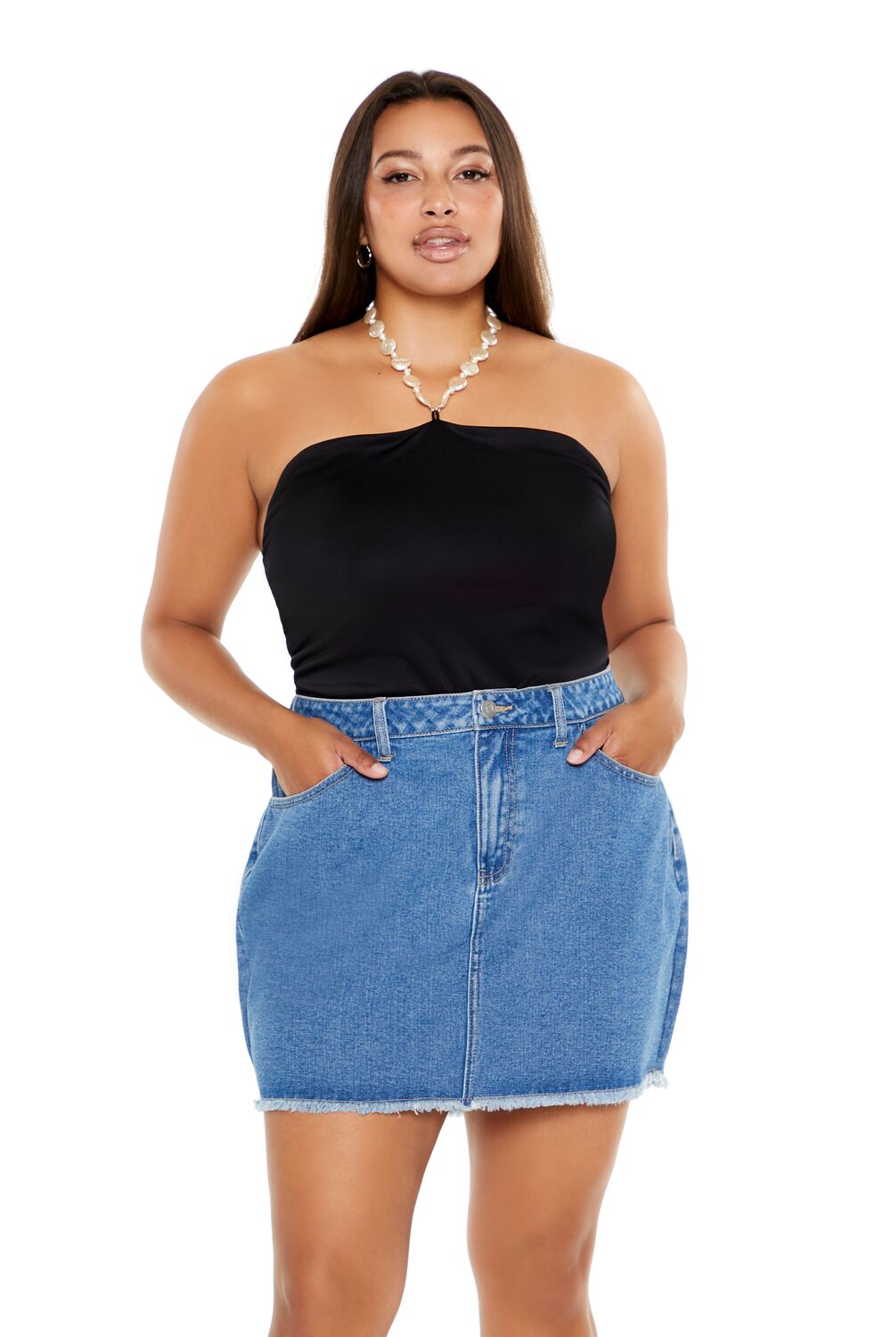 Plus Size Faux Pearl Halter Bodysuit - Forever 21