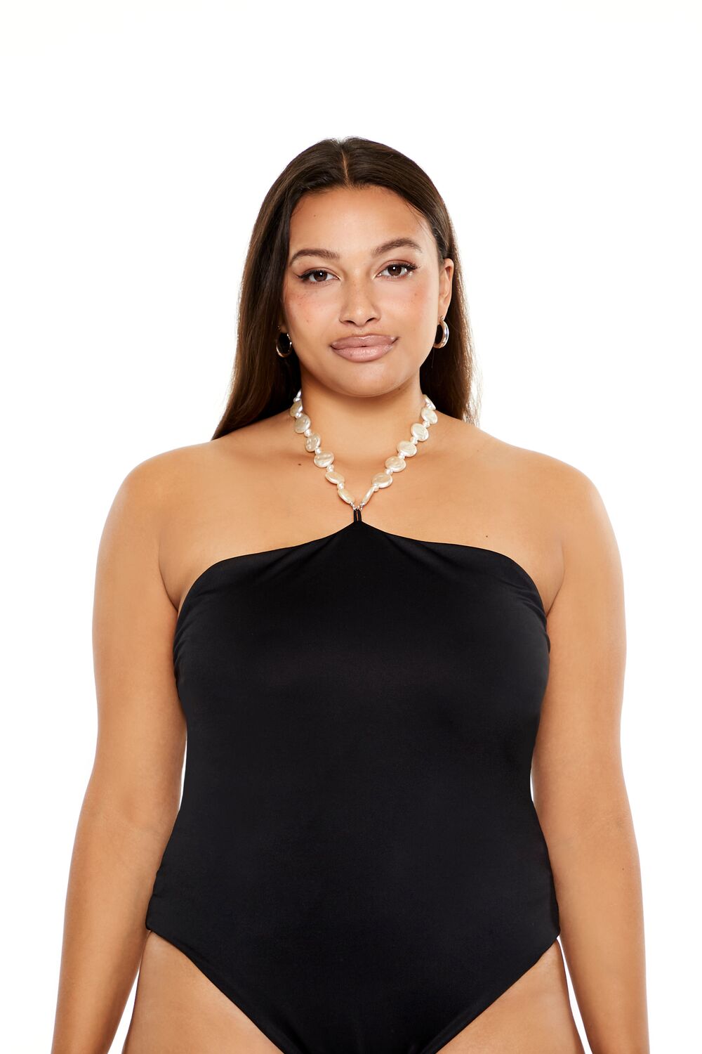 Plus Size Faux Pearl Halter Bodysuit - Forever 21