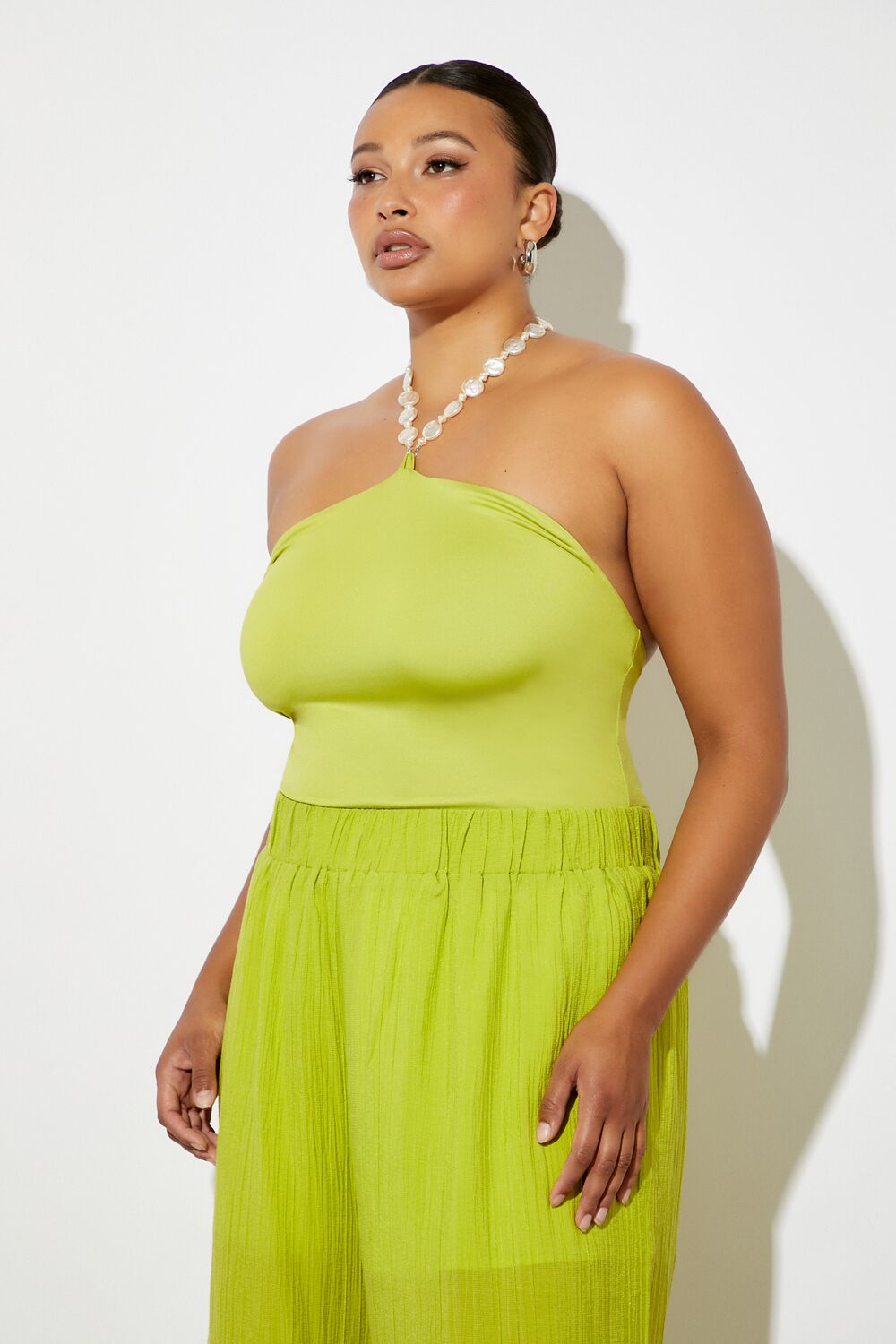 Plus Size Faux Pearl Halter Bodysuit - Forever 21