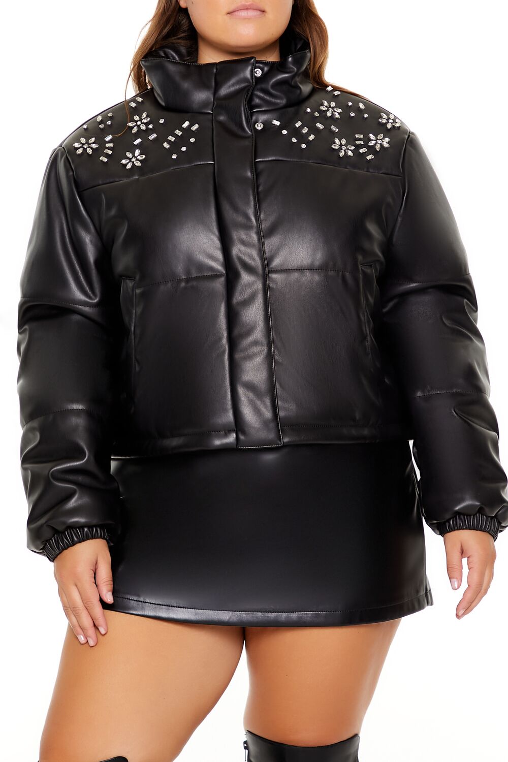 Plus Size Faux Leather Puffer Jacket - Forever 21