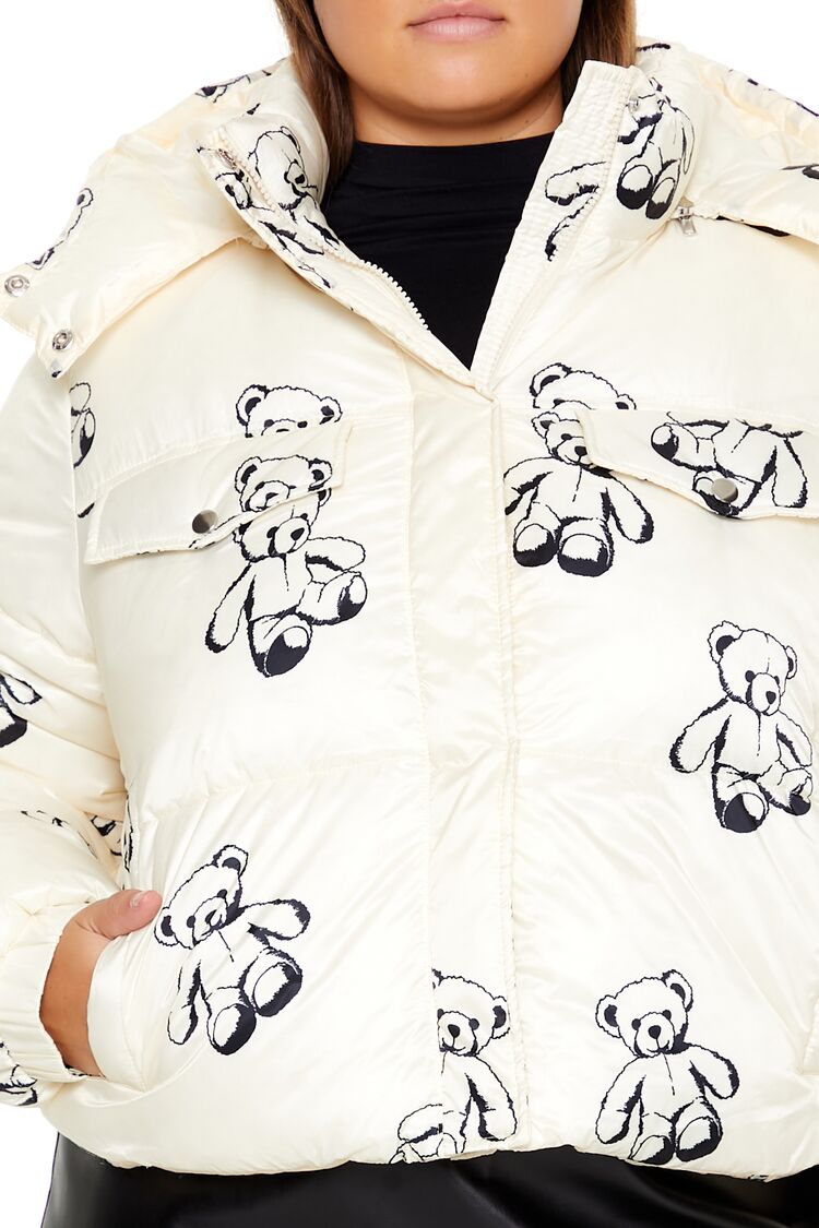 Plus Size Teddy Bear Print Puffer Jacket - Forever 21