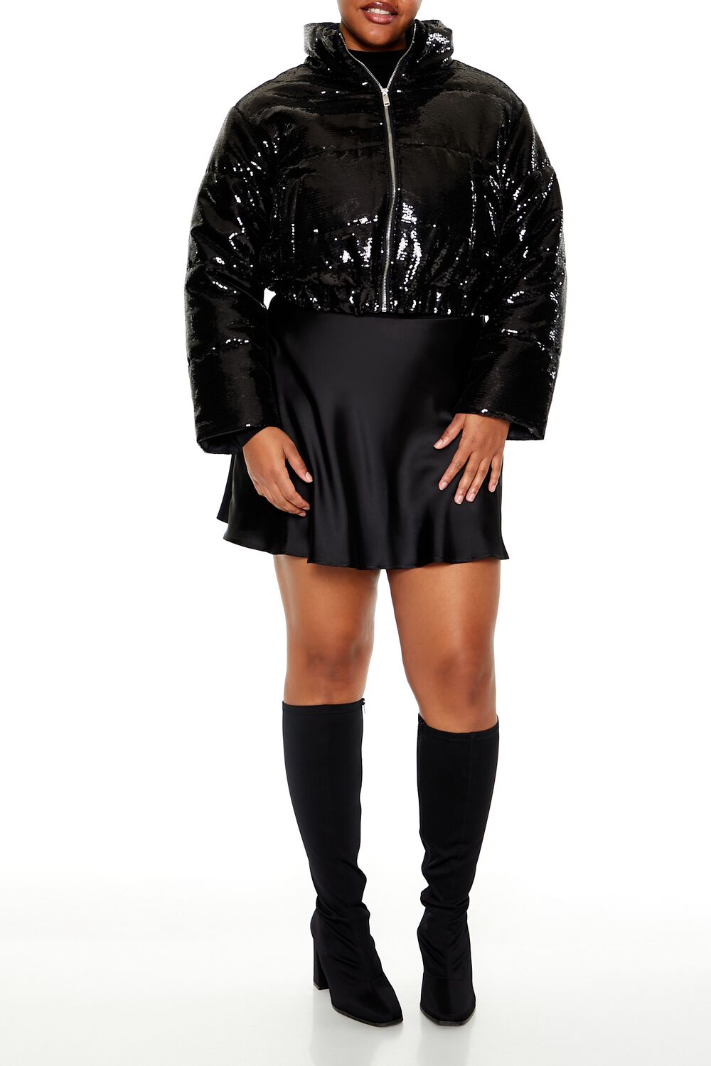 Plus Size Sequin Puffer Jacket - Forever 21